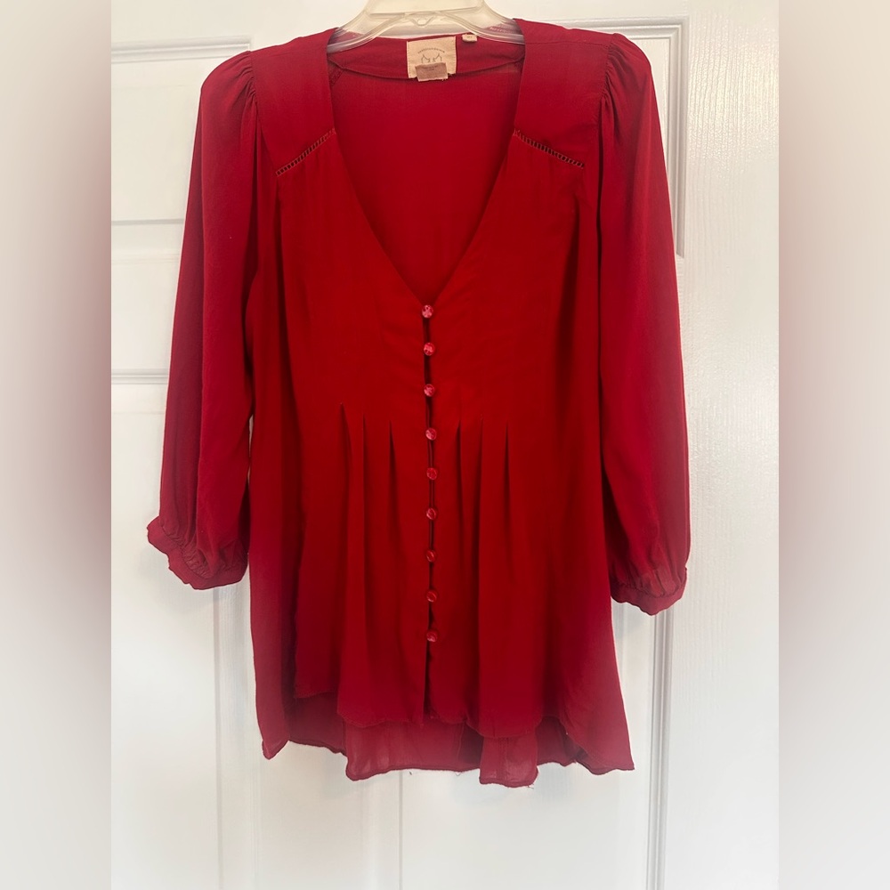 Anthropologie Red V-Neck Button Blouse